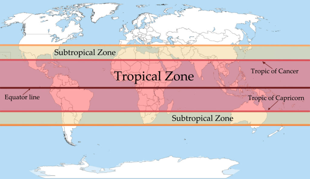 World map with the tropical and subtropical zones.